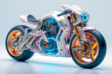 Realistic cyberpunk motorbike in white background. Big vehicle bike with cool futuristic design, vivid color scheme. Fictional model. Made with Generative AI