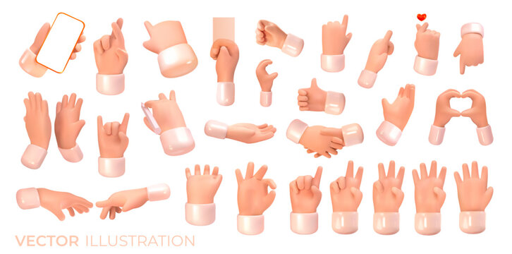 3d hands in different positions. From different sides. Gesturing. Set of hands in different gestures. Vector illustration