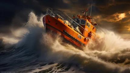 Deurstickers Orange rescue or coast guard patrol boat industrial vessel in blue sea ocean water. Rescue operation in stormy sea © darkhairedblond