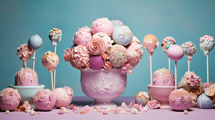 Cake Pops Dessert with Decorative Frosting on Pastel Vintage Backdrop - Generative AI