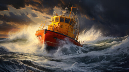 Orange rescue or coast guard patrol boat industrial vessel in blue sea ocean water. Rescue operation in stormy sea - obrazy, fototapety, plakaty