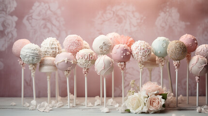 Cake Pops Dessert with Decorative Frosting on Pastel Vintage Backdrop - Generative AI