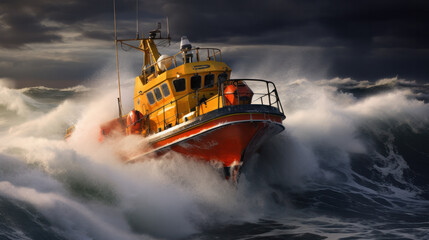 Naklejka premium Orange rescue or coast guard patrol boat industrial vessel in blue sea ocean water. Rescue operation in stormy sea