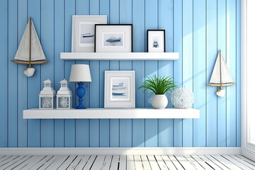 Illustration of a blue wood wall with imitation photo frames and a ship model perched on top, along with a white shelf.