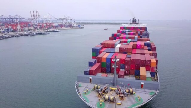 aerial large container cargo ship in ocean sea. business logistic import and export freight harbor