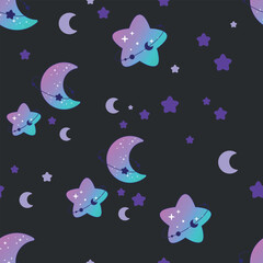 Cute color seamless pattern of blue and purple moon with stars on dark grey background, perfect for  decoration and prints.