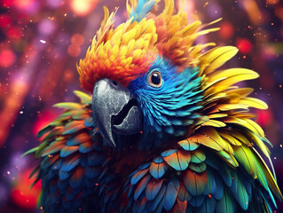 Conceptual digital art of crazy parrot in rich colors. Crazy little parrot realistic style in detailed portrait and colorful background. Cartoon style of parrot. Generative AI