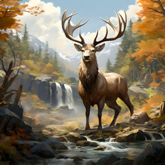 illustration of a deer in a creek in autumn forest - generative ai