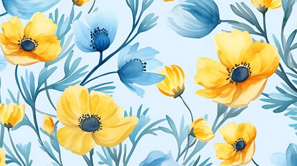 Seamless pattern of abstract painting white and yellow flowers, paint strokes, blue background. Generation AI