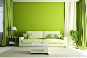 A coffee table with a reed diffuser, a drawer, and a grey couch complete the interior of the flat. a minimalist room with a green wall and a prototype banner copy space frame,