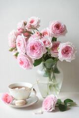 Still life tea, coffee and pink beautiful roses, tenderness and beauty.