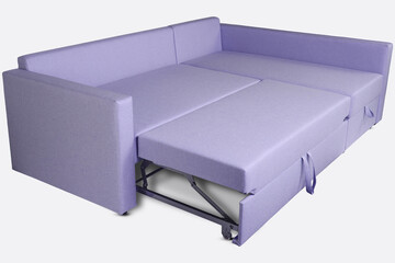 unfolded light purple fabric angular sofa on dark wooden legs isolated on white background. Series of furniture