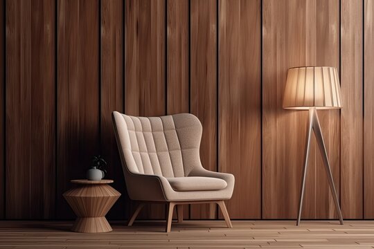 Brown fabric wall with a white modern armchair, console, and stool embellished with wood frame panels is featured in this interior scene and mockup.