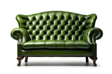 Green leather traditional tufted sofa, isolated on white. digital representation