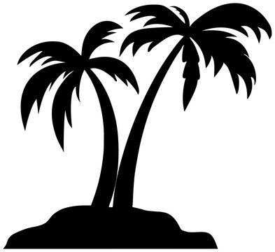 Hand drawn cartoon silhouette of Pam trees on an island isolated 
