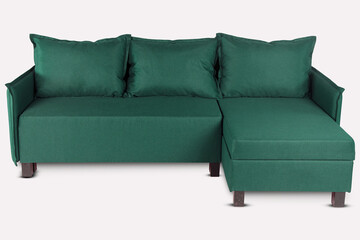 Green fabric angular sofa on dark wooden legs isolated on white background. Series of furniture