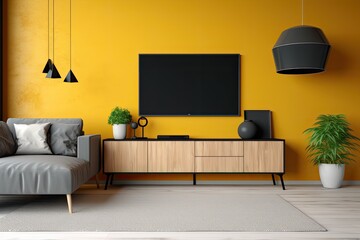 TV cabinet in a contemporary living room with a background of a plain yellow wall.