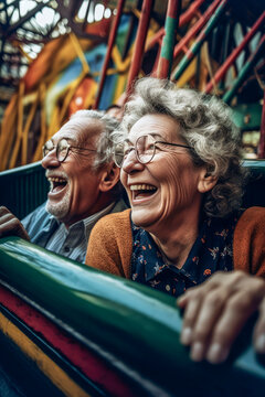 Generative AI image of cheerful senior couple sitting in roller coaster and enjoying time together