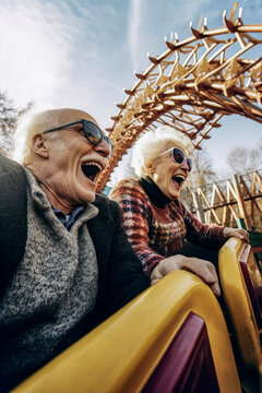 Generative AI image of happy elderly couple having fun and enjoying time together while riding on roller coaster