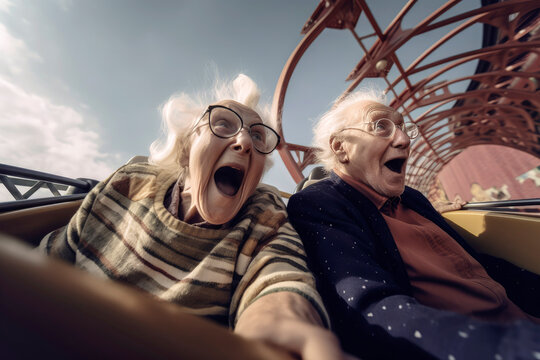 Generative AI image of happy elderly couple having fun and enjoying time together while riding on roller coaster