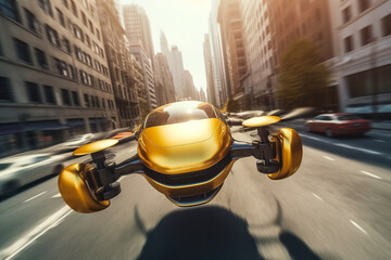 Generative AI illustration of high speed golden jet flying between skyscrapers in city