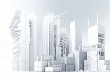 White detailed 3d layout of modern financial buildings on white background, created with Generative AI