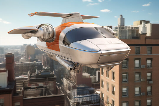 Generative AI illustration of futuristic aircraft flying above city with skyscrapers on sunny day
