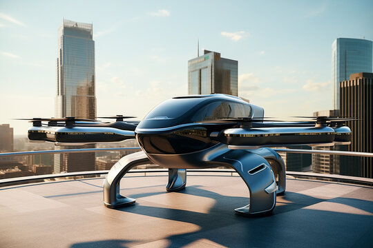 Generative AI illustration of futuristic helicopter parked on rooftop of skyscraper in city