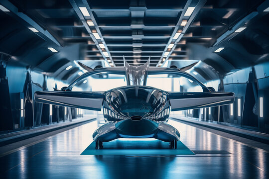 Generative AI illustration of futuristic helicopter parked in urban garage on sunny day