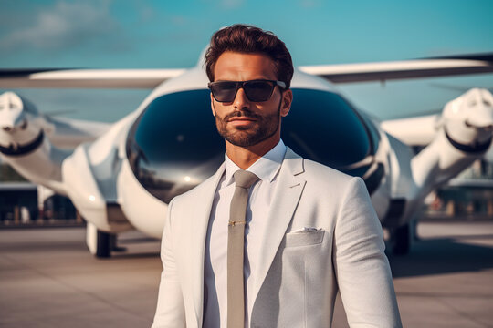 Generative AI illustration portrait of confident bearded man in elegant suit and sunglasses standing on parking lot against modern airplane