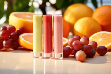 Clear bottles of lip gloss stand surrounded by fresh tropical fruits. Creative cosmetics template in tropical style. Lip balm with fruit flavor. - obrazy, fototapety, plakaty