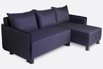 Side view of purple fabric angular sofa on dark wooden legs isolated on white background. Series of furniture