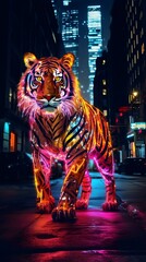 Fototapeta na wymiar Neon Urban Jungle: Tiger Roaming Downtown