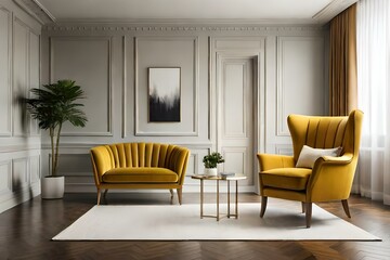 Luxury premium living room with two yellow mustard armchairs and a golden brass table. Painted accent empty wall for art. Dark room interior design