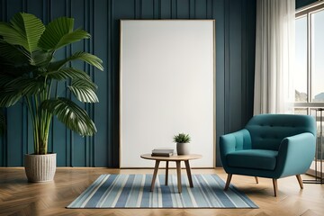 Mockup big photo frame close up on wall with tropical plant