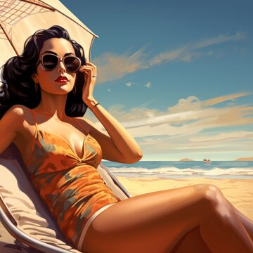 a beatiful young latin woman wearing sunglasses sunbathing on the beach on a sunny day
