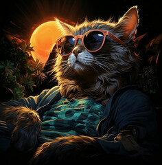 Cool cat chilling out with sunset while wearing sunglasses