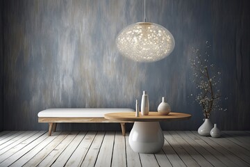 Modern white on wooden table with small paintings against dark wall