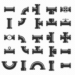 Set of details ware pipes system. Collection of water tube, plastic pipeline, plumbing, faucet or sewage in simple style. Vector set of black details pipes.