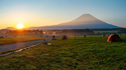 富士山麓の夏　朝陽に染まる富士とふもとっぱら　
