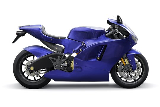 Italy, Milan. July 20, 2023. Ducati Desmosedici RR. Blue powerful sports bike for racing at high speeds. on a white background. 3d rendering.