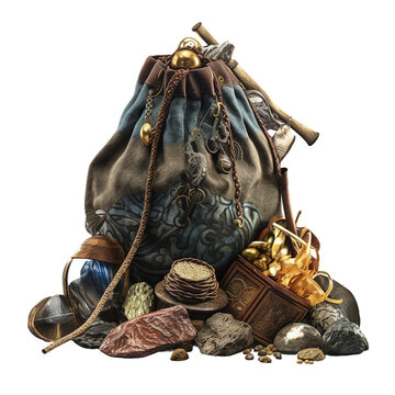 Mythical relics in a treasure hunters sack. isolated object, transparent background