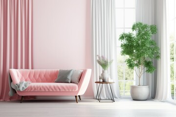 Interior of a bright living room with an empty wall, a pink sofa that is cozy, a curtain, and an oak wooden floor. ideal location for waiting and meeting. a mockup