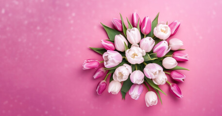 Banner with Bouquet of pink and white tulips closeup on pink background.Mothers day,Valentines Day,Birthday celebration concept. Greeting card.Copy space for text,top view.Generated by AI