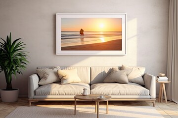 White frame hanging in a mockup of a bright home. An example of a framed image on a wall illuminated by sunshine