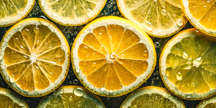 Slices of fresh, organic lemon fruit with water drops. Ai generated.