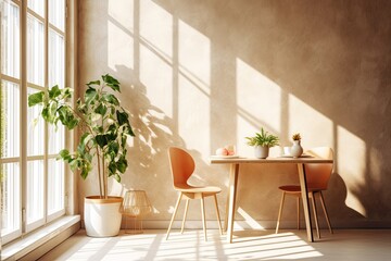 Interior design of a modern room with a table and potted plants.