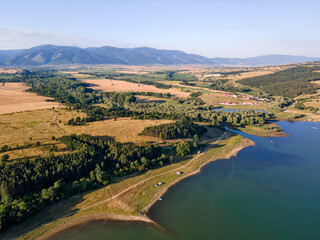 Aerial Sunset view of  Zhrebchevo Reservoir, Bulgaria