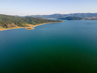Obraz premium Aerial Sunset view of Zhrebchevo Reservoir, Bulgaria