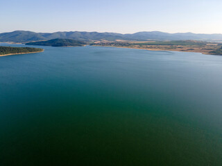 Fototapeta na wymiar Aerial Sunset view of Zhrebchevo Reservoir, Bulgaria